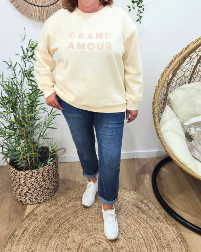 Sweat femme beige sans capuche broderie Grand Amour