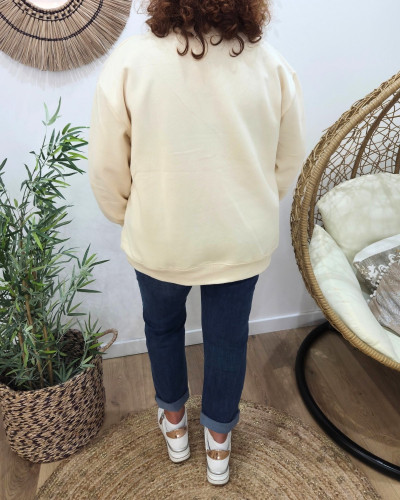 Sweat femme beige sans capuche broderie Grand Amour