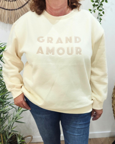 Sweat femme beige sans capuche broderie Grand Amour