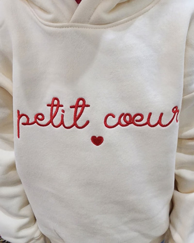 Sweat enfant à capuche beige broderie Petit cœur