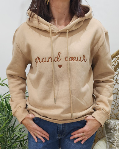 Sweat femme camel broderie Grand cœur - 24377