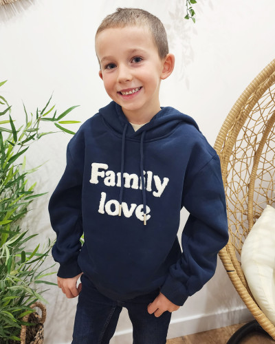 Sweat enfant à capuche bleu marine Family love