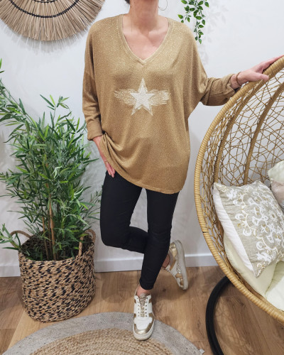 Pull femme lurex oversize étoile flamme col V