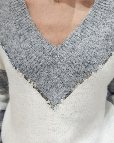 Pull femme gris blanc sequins argent Luciana