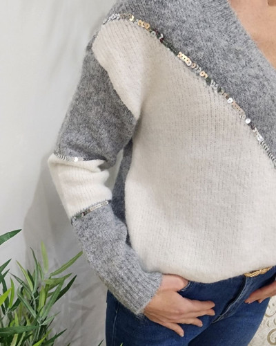 Pull femme gris blanc sequins argent Luciana