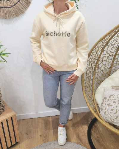 Sweat à capuche femme beige broderie Bichette léopard