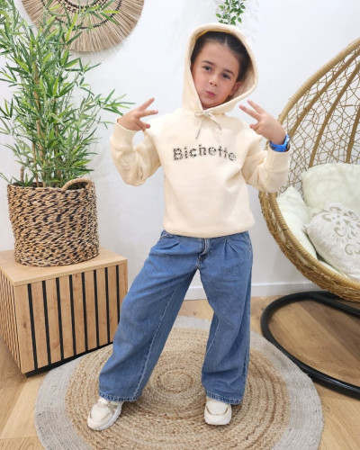 Sweat à capuche enfant beige broderie bichette léopard