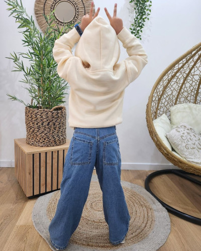 Sweat à capuche enfant beige broderie bichette léopard