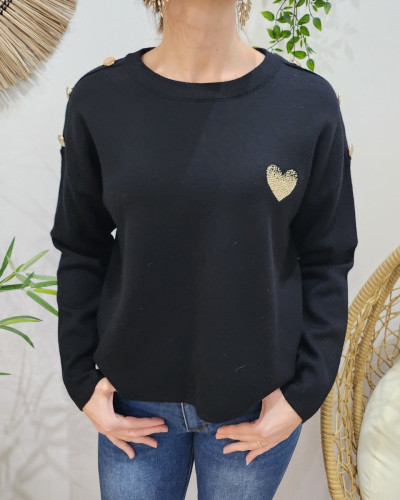Pull femme noir broderie coeur dégradé dorée