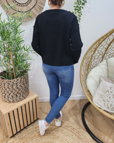 Pull femme noir broderie coeur dégradé dorée