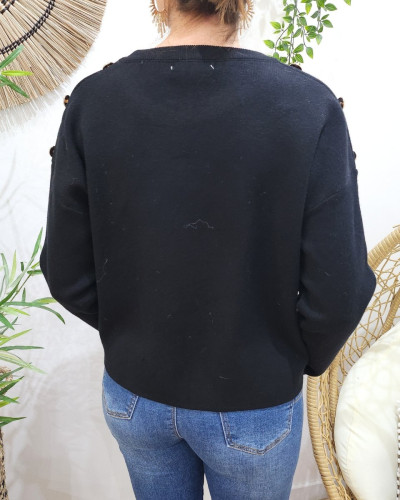 Pull femme noir broderie coeur dégradé dorée
