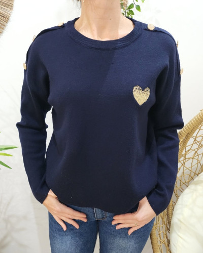 Pull femme bleu marine broderie coeur dégradé dorée