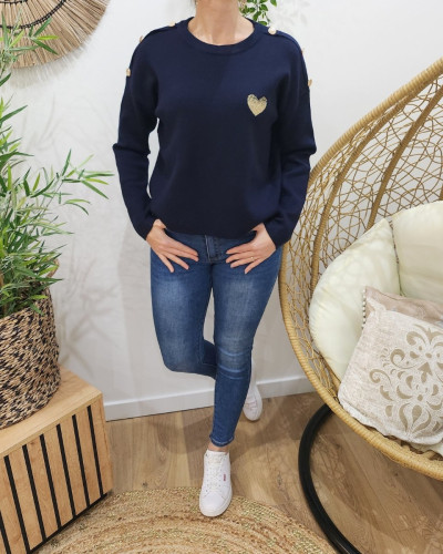 Pull femme bleu marine broderie coeur dégradé dorée