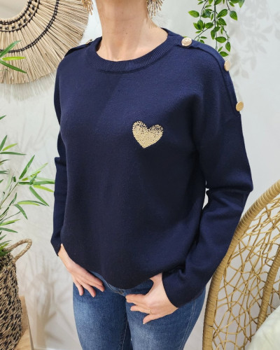 Pull femme bleu marine broderie coeur dégradé dorée