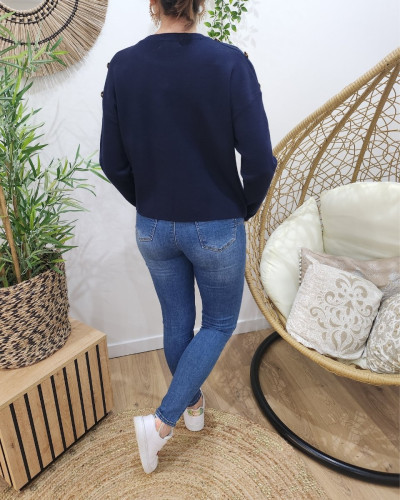 Pull femme bleu marine broderie coeur dégradé dorée
