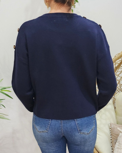 Pull femme bleu marine broderie coeur dégradé dorée