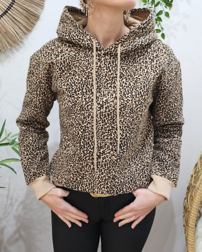 Sweat à capuche femme camel imprimé léopard