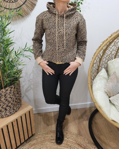 Sweat à capuche femme camel imprimé léopard