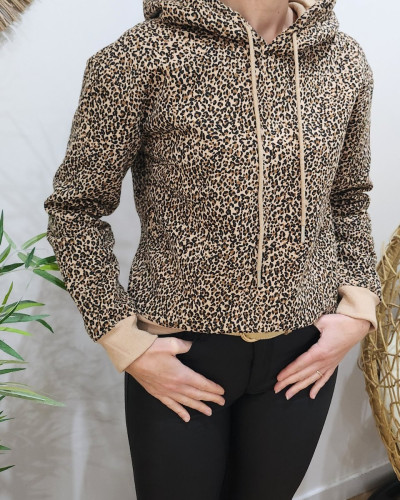 Sweat à capuche femme camel imprimé léopard