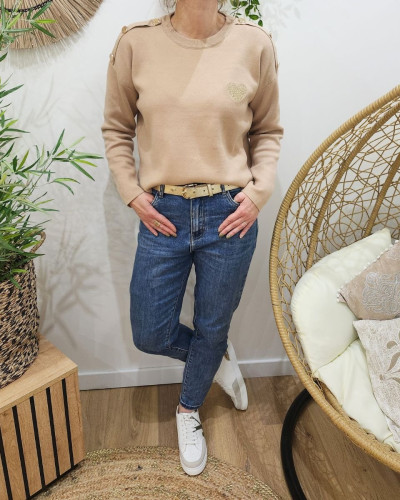Pull femme camel clair broderie coeur dégradé dorée