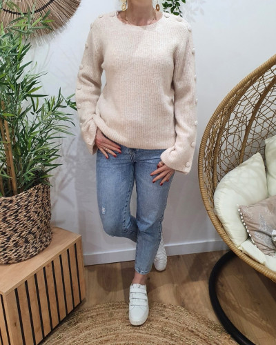 Pull femme uni chiné manches boutonnées Mirabelle
