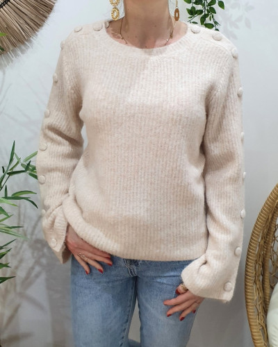 Pull femme uni chiné manches boutonnées Mirabelle