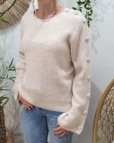 Pull femme uni chiné manches boutonnées Mirabelle
