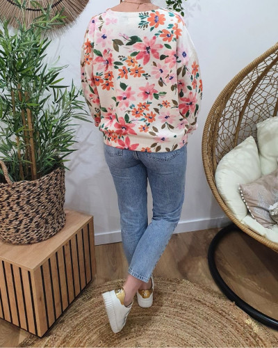 Pull femme fleuri rose orangé col V Dalhia