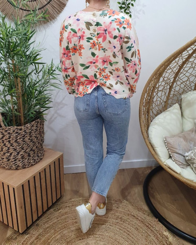 Pull femme fleuri rose orangé dos boutonné Dalhia