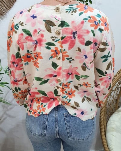 Pull femme fleuri rose orangé dos boutonné Dalhia