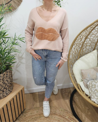 Pull femme col V bouche