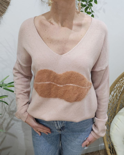 Pull femme col V bouche