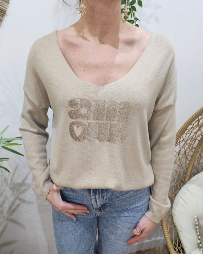 Pull femme col V amour pailleté