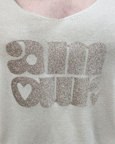 Pull femme col V amour pailleté