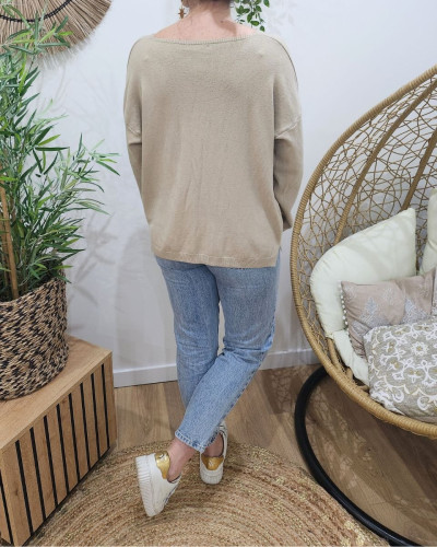 Pull femme col V amour pailleté