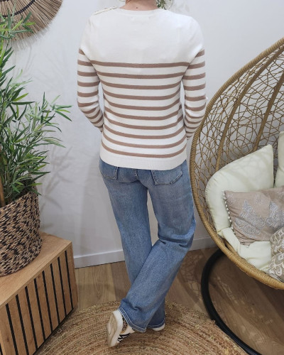 Pull femme marinière col boutonné écru et taupe