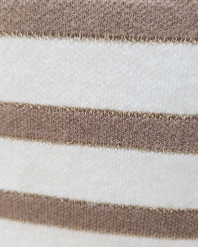 Pull femme marinière col boutonné écru et taupe