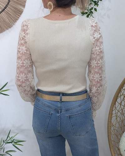 Pull fin femme beige pailleté manches voile brodées
