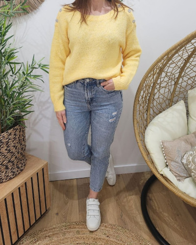 Pull femme jaune boutons strass