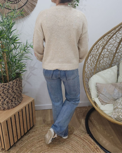 Pull femme beige manches fleurs perlées Guillemette