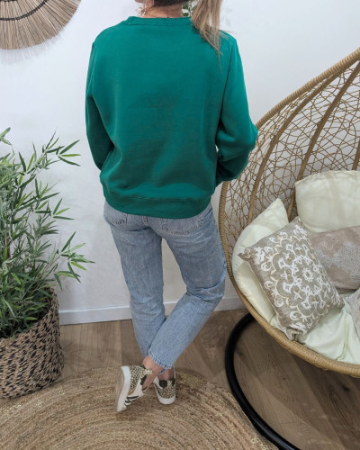 Sweat femme vert broderie j'irai où tu iras blanche