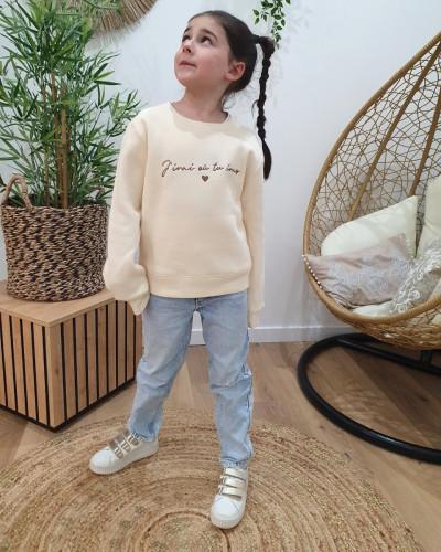 Sweat enfant beige broderie j'irai où tu iras marron glacé