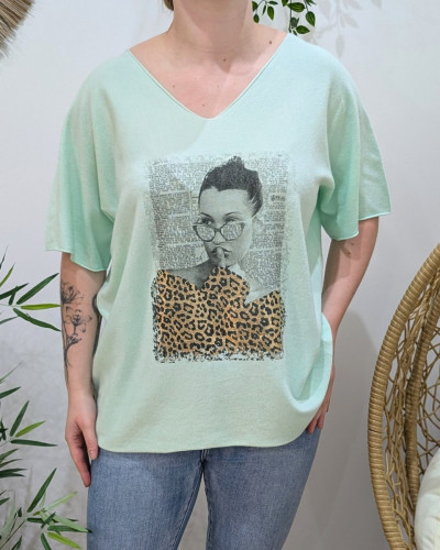 Pull fin femme oversize manches courtes femme léopard doré
