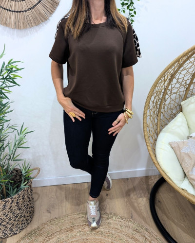 Pull fin femme sportswear manches léopard