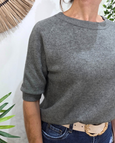 Pull court femme uni col rond Clématite