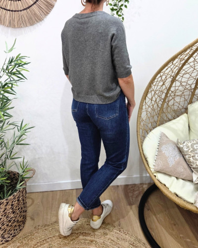 Pull court femme uni col rond Clématite