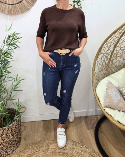 Pull court femme uni col rond Clématite