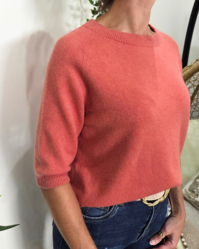 Pull court femme uni col rond Clématite