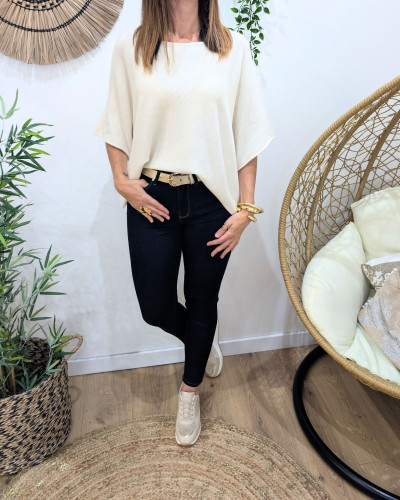Pull court femme uni col rond manches chauve souris Andélya