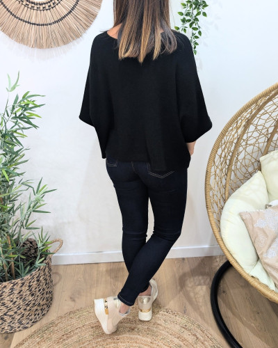 Pull court femme uni col rond manches chauve souris Andélya